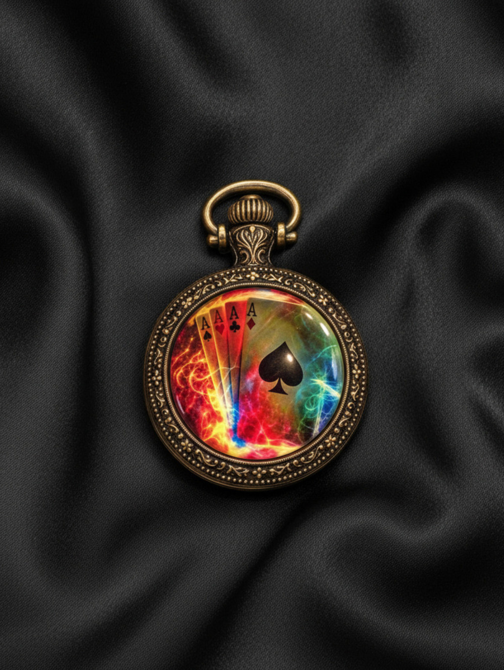 Vintage Style Pocket Watch Necklace with Colorful Playing Cards Design